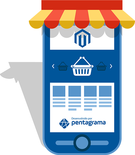Smartphone mostrando loja virtual desenvolvida pela Pentagrama